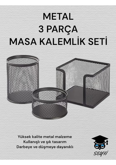 3 Lü Metal Masa Kalemlik Seti Perfore Siyah Çok Renkli