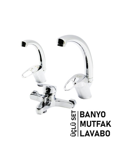 Lunaev 3lü Set Banyo - Evye Mutfak - Lavabo Aç Kapa Mix Batarya Musluk Açık Gri