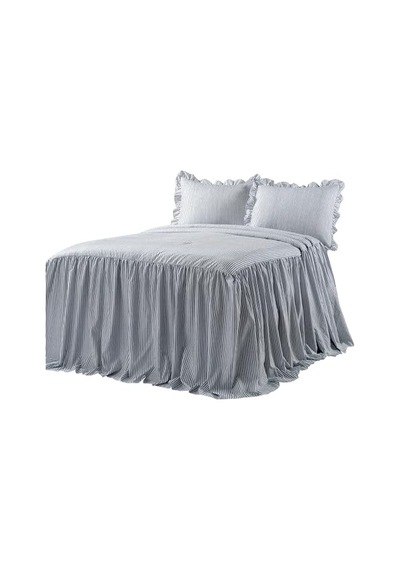 Ticking Çizgili Yatak Örtüsü Lacivert Vintage Şık Çiftlik Evi Tarzı Hafif 3 Parça Set King, Polyester Çok Renkli