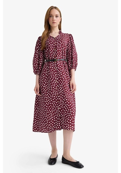 Defacto Relax Fit V Yaka Puantiyeli Yarım Kollu Elbise F5494ax25aubr375 Bordo
