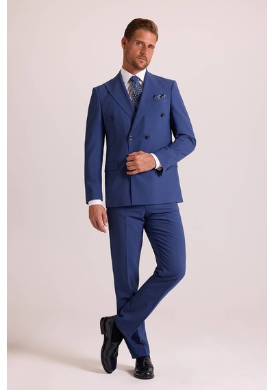 Erkek Mavi Regular Fit Kruvaze Takım Elbise