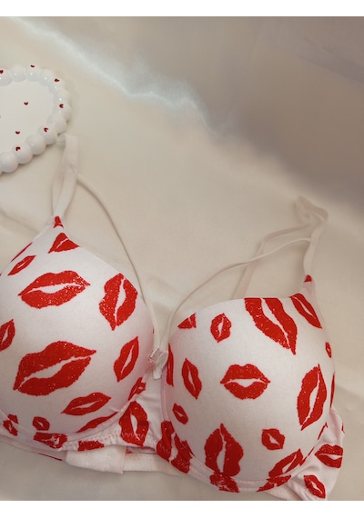 Csaymoda Öpücük Desenli Destekli Balenli Çapraz Sütyen Takımı Eser Beyaz