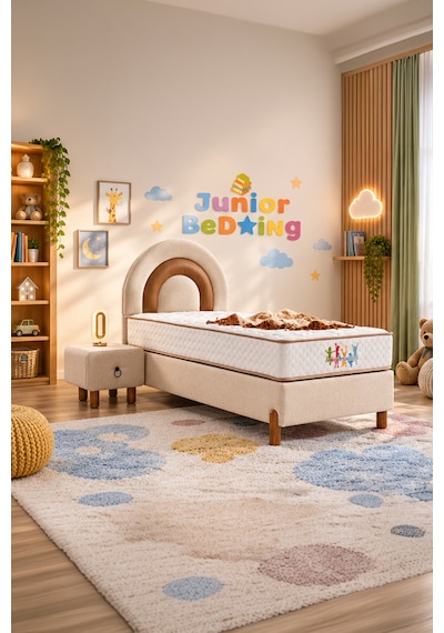 Parshome 90x190 Tek Kişilik Yatak, Baza, Baza Başlık Seti Ortopedik Yataklı Sandıklı Baza 3 Lü Set Bej 90 x 190