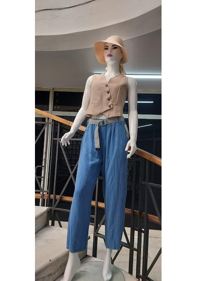 Eren Style İtalyan Kemerli Keten Pantolon-9260 İndigo Mavi İndigo