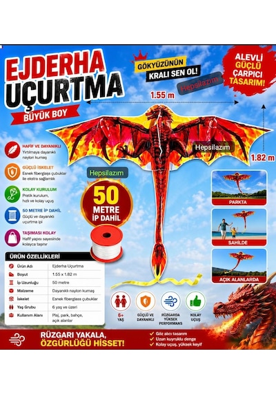 Dragon Oyuncak Uçurtma Büyük Ejderha Alev Desenli 1.55x1.82cm Kolay Uçan