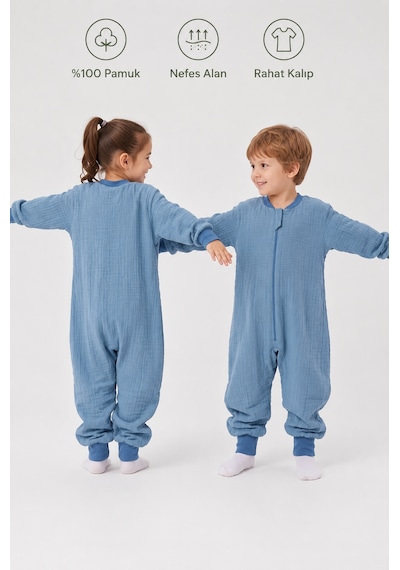Babyhola Çocuk Uyku Tulumu 1-8 Yaş Unisex Uzun Kollu 1 Tog %100 Pamuk Müslin 2706 Mavi