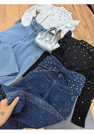 Kız Çocuk Taş Detaylı Geniş Paça Kot Pantolon, Fırfırlı Bluz Ve Çantalı 3 Lü Takım 0710-s Siyah
