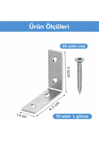 10 Adet 15x45x45mm Metal L Köşe Bağlantı Gönyesi Mobilya Dolap Sabitleme Bağlantı Aparatı Metalik
