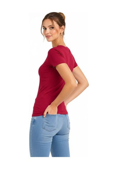 Wear Vexel Kadın T-shirt V Yaka Slim Fit Likralı Tişört Yazlık Basic Body - Kırmızı Bordo