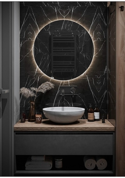 Nuun Dekor 70cm Trafolu Günışığı Ledli Dekoratif Yuvarlak Banyo Aynası - Trafolu Şeffaf