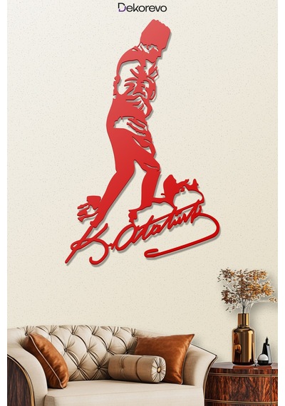 İmzalı Atatürk Silüeti Kocatepe Metal Duvar Tablosu - Metal Duvar Sanatı - Kırmızı - 45 X 75 Cm