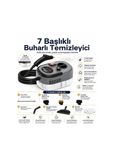 7 Başlıklı Çok Amaçlı Buharlı Temizleyici Şeffaf Su Hazneli Koltuk, Cam, Fayans Ve Zemin Temizleme Makinesi