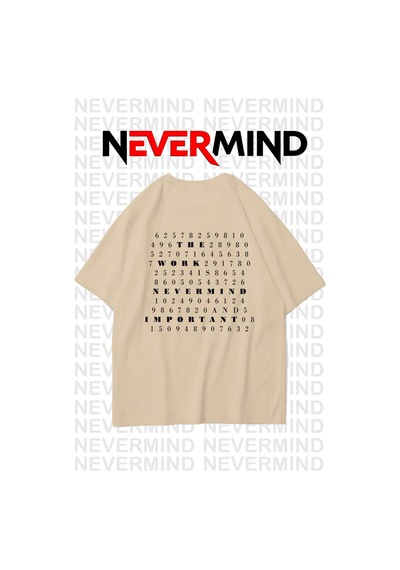 Nevermind Oversize Unisex Tişört Grafik Baskılı, Rahat Kalıp Bej
