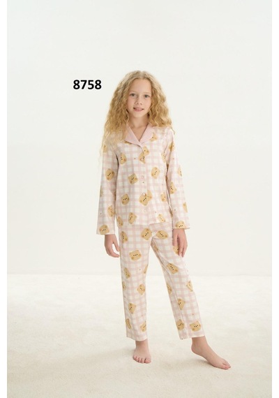 Zeyzey 8758 Kız Çocuk Önden Düğmeli Uzun Kol Pijama Takım Pembe
