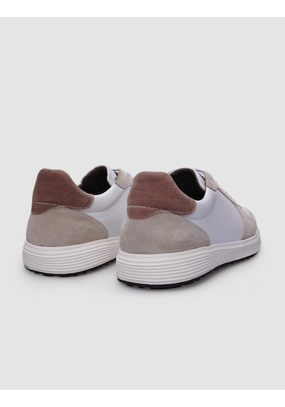 %100 Hakiki Deri Beyaz - Bej Süet Bağcıklı Erkek Sneaker-beyaz Beyaz