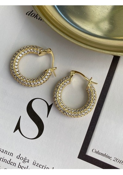 Pinery Jewels Zirkon Taşlı Halka Sallantılı Altın Kaplama Kadın Küpe Çifti Altın