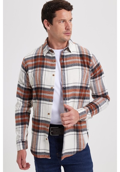 Tudors Erkek Slim Fit Dar Kesim Kareli Kışlık Oduncu Gömlek-42379 Ekru