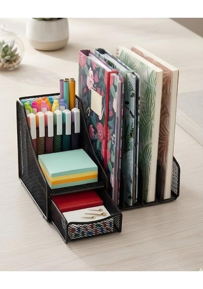 Temel Siyah Metal Mesh Masaüstü Organizer Çekmeceli Dosyalık 25x18x15 Cm 9538