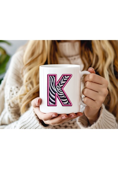 K Harfi Zebra Deseni Ve Pembe Kenarlı Kupa Bardak - Kişiye Özel Nakış Efektli - Siyah Beyaz Pembe Beyaz