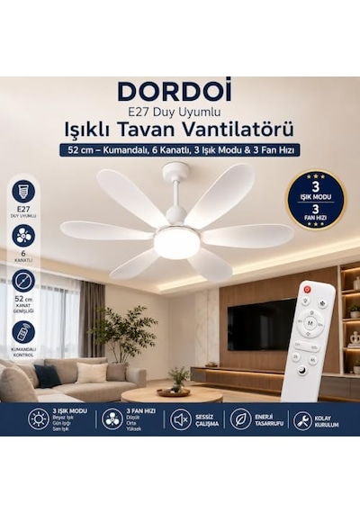 Dordoi E27 Duy Uyumlu Işıklı Tavan Vantilatörü 52 Cm Kumandalı, 6 Kanatlı, 3 Işık Modu & 3 Fan Hızı Enerji Sınıfı F 01G Taba Dordoi E27 Duy Uyumlu Işıklı Tavan Vantilatörü 52 Cm Kumandalı, 6 Kanatlı, 3 Işık Modu & 3 Fan Hızı Enerji Sınıfı F 01G Taba