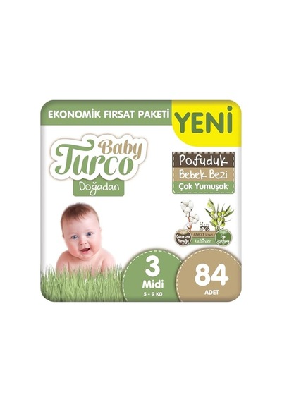 Baby Turco Doğadan Ekonomik Fırsat Paketi Pofuduk Bebek Bezi 3 Numara Midi 84 Adet