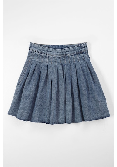 Blue White Kadın Şık Pileli Yazlık Mini Jean Etek Mavi