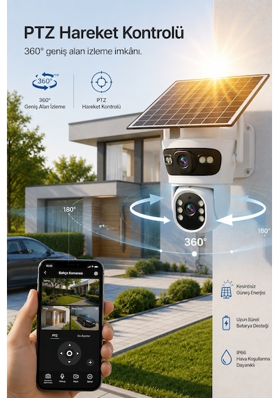 SIM-5700 6MP 4G SIM Kartlı Solar Güvenlik Kamerası Çift Lens PTZ Renkli Gece Görüşlü Dış Mekan (ICSEE)