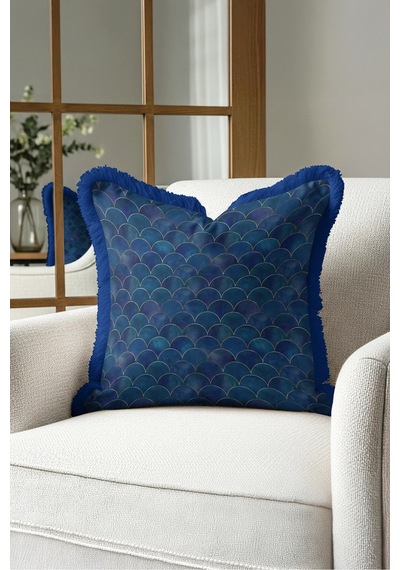Art Deco Deniz Kabuğu Desenli Saçaklı Yastık Kılıfı - Mavi Lacivert Püsküllü Kırlent Kılıfı Lacivert