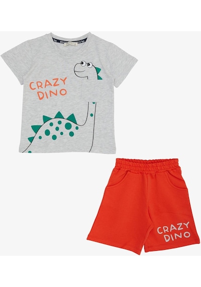 Breeze Erkek Çocuk Şortlu Takım Çılgın Dinozor Baskılı 1.5-5 Yaş, Açık Gri Melanj Breeze Erkek Çocuk Şortlu Takım Çılgın Dinozor Baskılı 1.5-5 Yaş, Açık Gri Melanj