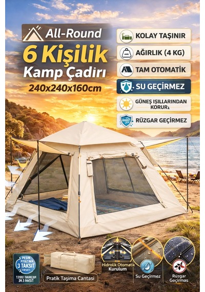 Yellowtech Aile Boyu 6 Kişilik Otomatik Çadır Piknik, Tatil Ve Kamp Için Geniş Tasarım Bej Acı Kahverengi