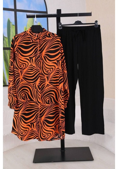 Polologin Butik Zebra Desenli Battal Beden Viskon Pantolon Ve Tunik Takım Turuncu