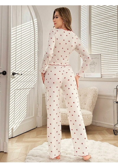 Bella Notte Pamuklu Kiraz Desenli Mevsimlik Pijama Takımı Kırmızı
