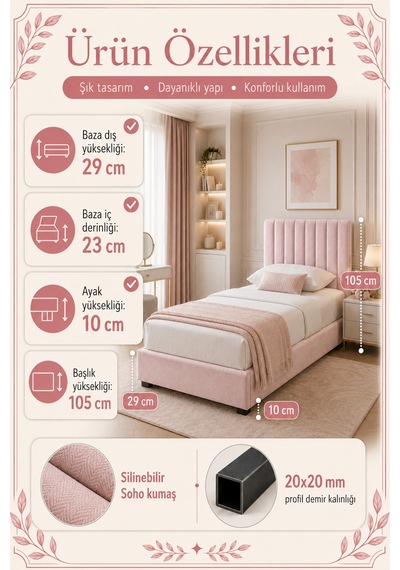 Baza Seti, Alessa Tek Kişilik Baza Başlık Maxi Yatak Seti, Pembe - 90x190 Cm 90 x 190