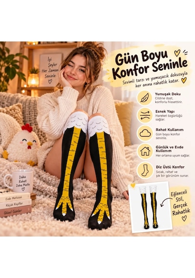 Çorap Giyim Kadın Diz Üstü Tavuk Ayağı Desenli Çorap Siyah Sarı Uzun Eğlenceli Kostüm Parti Günlük Çorabı Modeli Çok Renkli