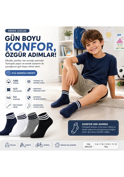 Erkek Çocuk Pamuklu Çizgili Patik Çorap 8'li Nefes Alan Esnek Okul Günlük Spor Çorabı Çok Renkli
