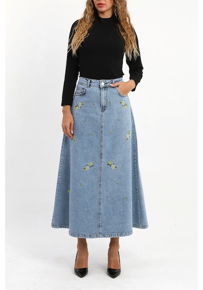 Çiçekli Nakış Detaylı Uzun Denim Etek- Mavi Çok Renkli