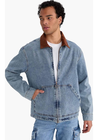 Defacto Relax Fit Kontrast Yaka Düğmeli Denim Ceket F8308ax25aunm39 Mavi
