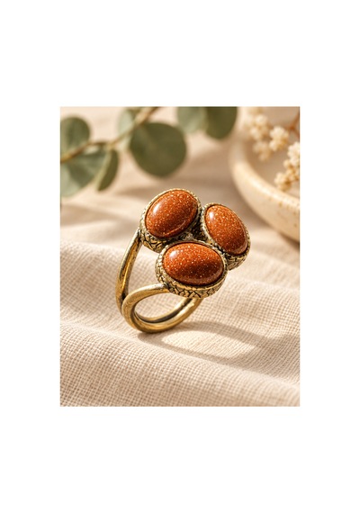 Esoo Jewelry Doğal Taş Detaylı 3 Taşlı Vintage Gold Ayarlanabilir Kadın Yüzük - Bronz Işıltı