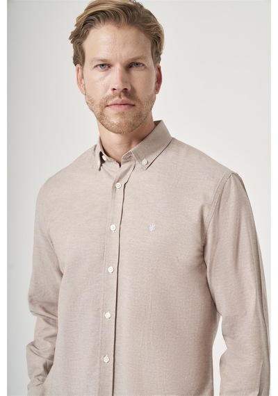 İmza Bej-beyaz Düğmeli Yaka Oxford Slim Fit Pamuklu Gömlek 1004265124 K.bej - Beyaz