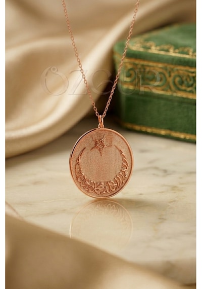 925 Ayar Gümüş Kelime-i Tevhid Yazılı Ayyıldızlı Madalyon Kolye Rose Gold