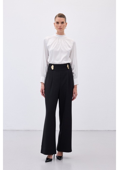 Sateen Bel Aksesuarlı Pantolon - Siyah-136488 Siyah