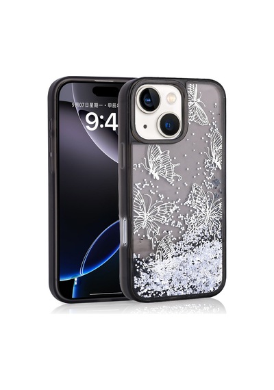 Apple iPhone Uyumlu 15 Kılıf Kelebek Desenli Simli Sıvılı Kamera Yükseltili Silikon Pazarplus Mor