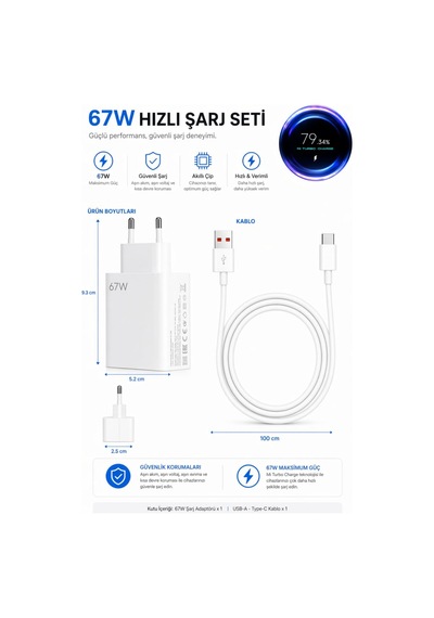67w Turbo Hızlı Şarj Aleti Type-c Kablo Dahil Hızlı Şarj Destekli Xiaomi Redmi Oppo Huawei Uyumlu