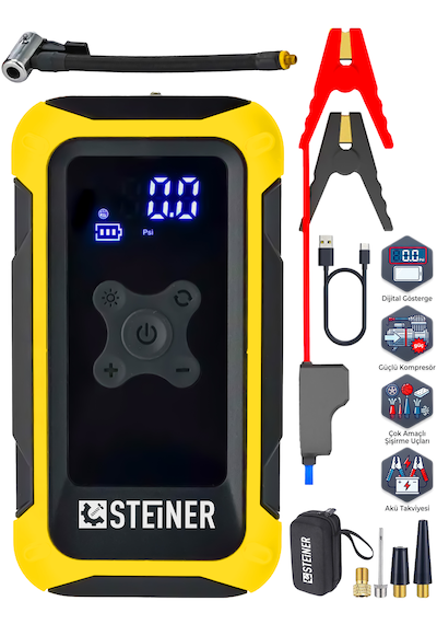 Steiner 16.000 Mah 4'ü 1 Arada 10 Bar Dijital Göstergeli Powerbank Led Fener Şarjlı Akü Takviye Cihazı Hava Kompresörü Sarı