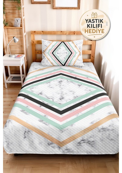 Mermer Geometrik Mint Genç Odası Tek Kişilik Pike Takımı - Pudra Antrasit 160x220 Cm Yatak Örtüsü Mistik Kadife Kıyısı