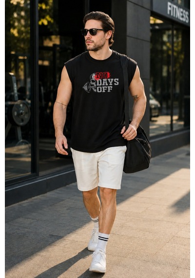 Urbantrendstore Baskılı Unisex Erkek Pamuklu Antrenman Sporcu Atleti Oversize Kolsuz T-shirt Siyah