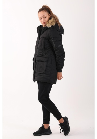 Maraton Sportswear Regular Kadın Kapşonlu Uzun Kol Basic Siyah Parka 21418 Siyah - Siyah