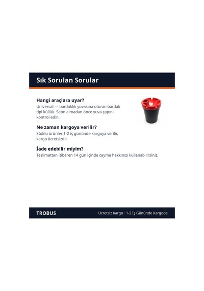 Trobus Çakmak Hazneli Bardak Tipi Kokusuz Oto Küllük 10x8 Cm Kırmızı Siyah