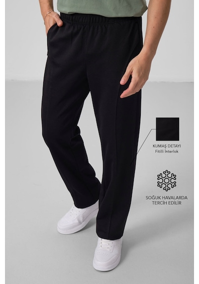 Tommylife Siyah Yüzeyi Dokulu Standart Fit Palazzo Erkek Pantolon - 82171 Siyah