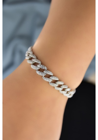 Papatya Silver 925 Ayar Gümüş Rodyum Kaplama Zirkon Taşlı Gurmet Zincir Bileklik